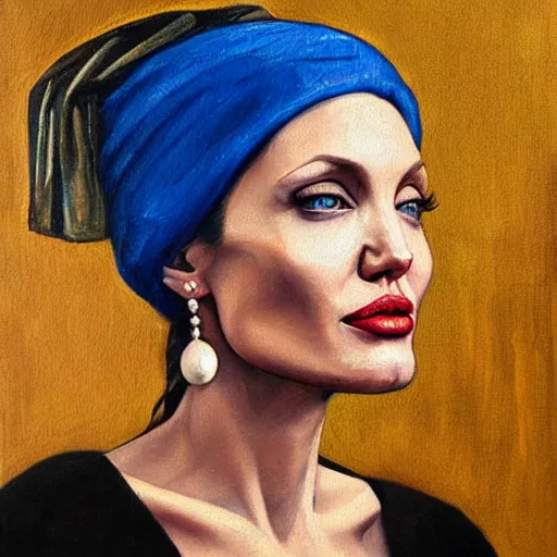 Prompt: a beautiful oil painting of angelina jolie as the girl with a pearl earring