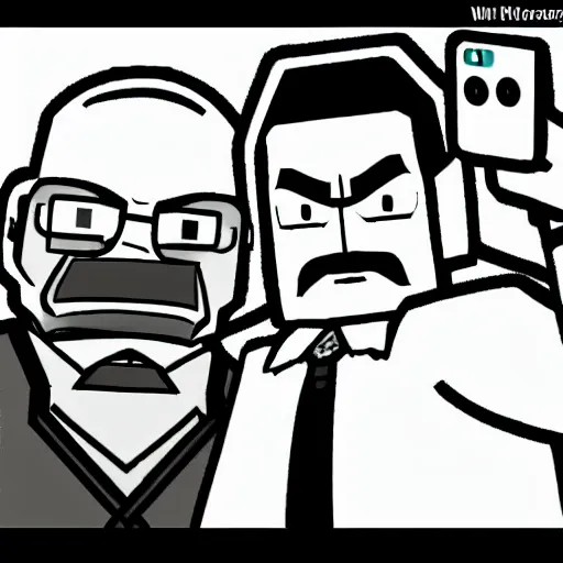 Image similar to photography of phoenix wright doing a selfie with walter white in minecraft, black and white, dark, clear