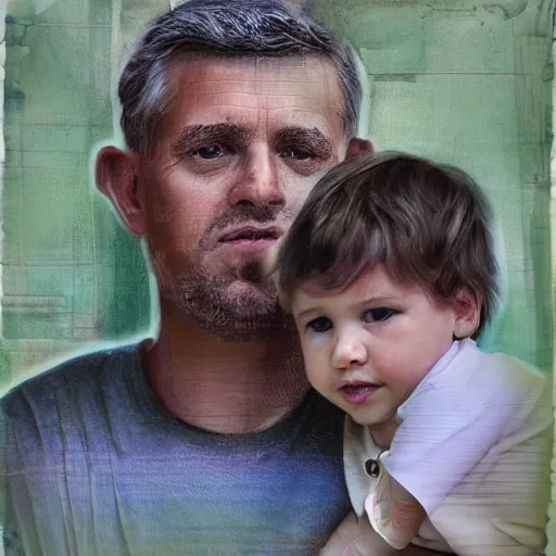 Prompt: hyperdetailed mixed media collage of a photorealistic father with child. pastel tones. matte background