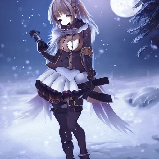 Image similar to anime girl with steampunk weapons and armor walking in a snowy tundra, snow, foggy, extremely detailed, particles, lush, moonlight, stars,
