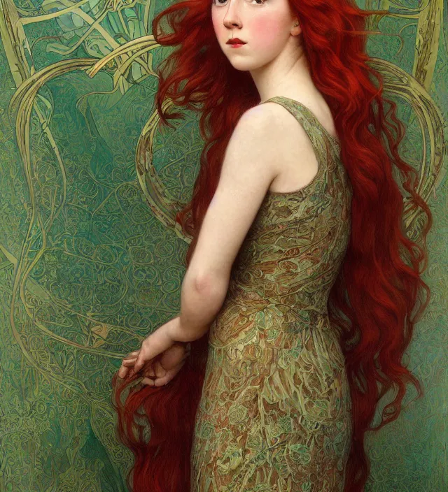 Prompt: intricate art nouveau portrait oil painting of redheaded young millie bobby brown with long red hair blowing in the wind, wearing an intricate green lace dress, in front of an carved wood screen, elegant, digital painting, smooth, sharp focus, illustration, ultra realistic, 8 k, by bouguereau, alphonse mucha, artgerm, and donato giancola