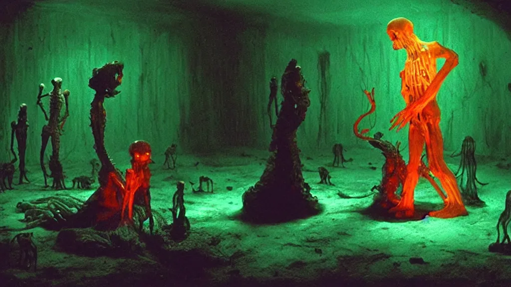 Image similar to the creature in the basement, made of glowing wax! and bone and blood, bioluminescence, surrounded by animals, film still from the movie directed by denis villeneuve and david cronenberg with art direction by salvador dali and zdzisław beksinski, wide lens