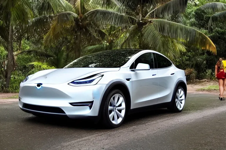 Prompt: Tesla model y on the road in a beautiful lush tropical city