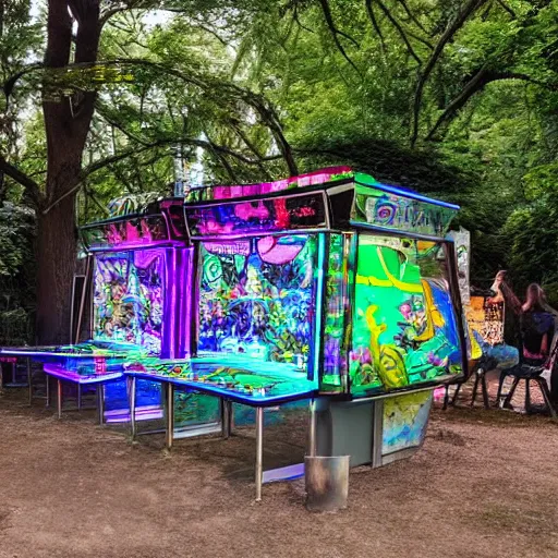 Prompt: al fresco arcade holographic pinball tables in the garden ruins, tree spirits kodama forestfolk excitedly gather round to set a new high score, neon pinball fantasy forest festival