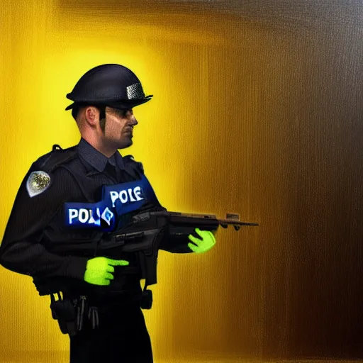 Image similar to A British police officer wearing hivis at night, highly detailed, ambient lighting, trending on art station