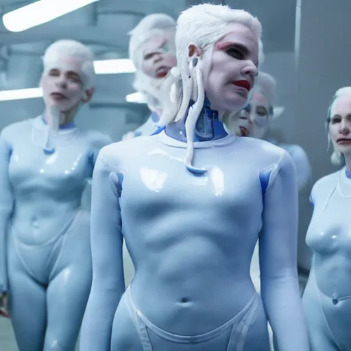 Image similar to troop of freak show women with white hair, white hair, tight light blue neopren suits, futuristic production facility, sci - fi, highly detailed, cinematic