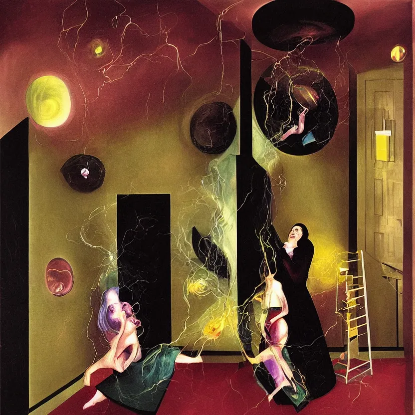 Image similar to One man and one woman attached by love in a living room of a house, floating dark energy surrounds the middle of the room. There is one living room plant to the side of the room, surrounded by a background of dark cyber mystic alchemical transmutation heavenless realm, cover artwork by francis bacon and Jenny seville, by Remedios Varo and Anato Finnstark and Greg Rutkowski and Andy Warhol, dayglo pink, dayglo blue, prismatic, pearlescent white, raven black, hyperrealism, 8k, trending on ArtStation, rendered in Octane, rendered in Unreal engine, award winning, volumetric lighting