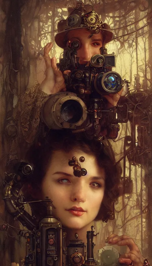 Prompt: hyper realistic photographer looking through camera, magical, steampunk, painted by norman rockwell, tom bagshaw, mucha, gaston bussiere, craig mullins, j. c. leyendecker 8 k