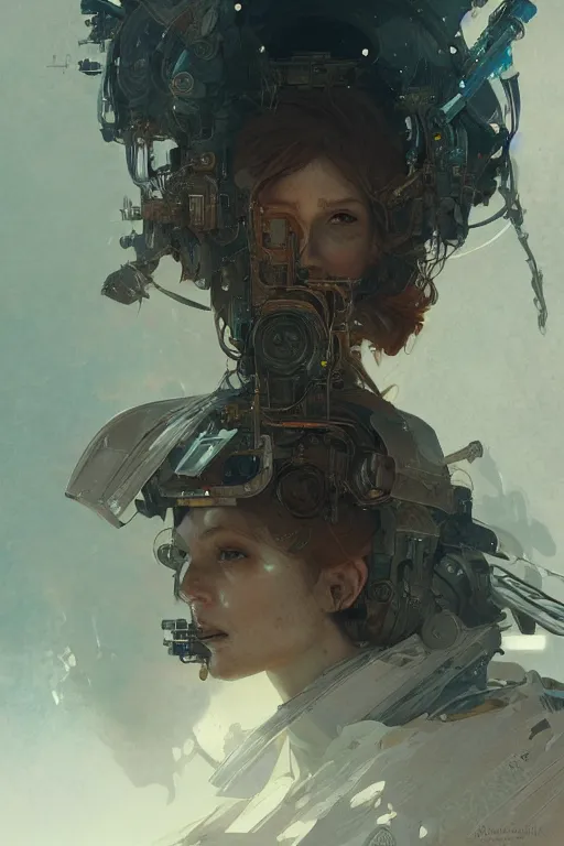 Image similar to A full portrait of a beautiful post apocalyptic offworld technomuse, intricate, elegant, highly detailed, digital painting, artstation, concept art, smooth, sharp focus, illustration, art by Krenz Cushart and Artem Demura and alphonse mucha