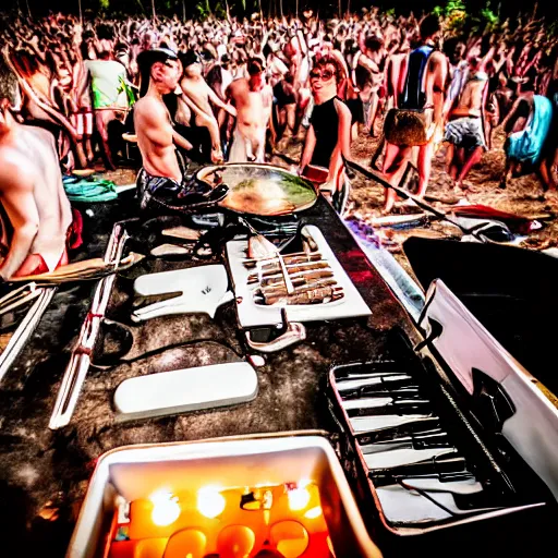 Image similar to scandy and arender, cooking it up, hot hot hot, splash, ahhhhhhh, roomies, bohemian digitals, playing a live gig at ozora festival, no faces visible, huge crowd, ecstatic, photography