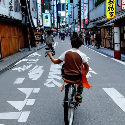 Image similar to a dragon riding a bike in the streets of tokyo