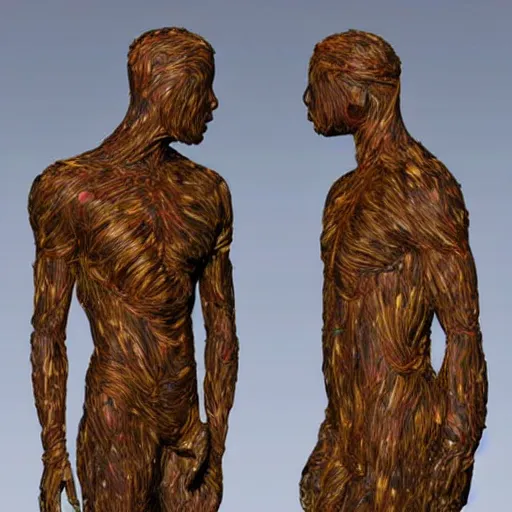 Prompt: dmt bodies. Mesh of human figures intertwined. earthen colors. The medium of this sculpture is human hair. A mess of human hair. Sculpted by August Rodine.