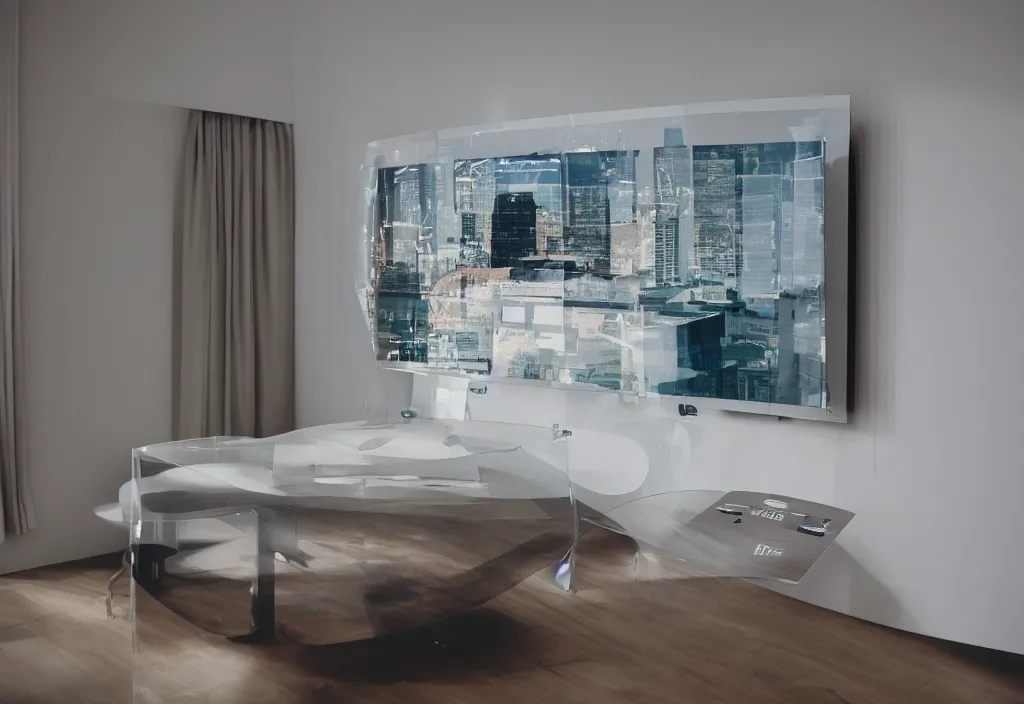 Image similar to curved transparent tv, volumetric lighting, bedroom, visor, users, pair of keycards on table, bokeh, creterion collection, shot on 7 0 mm, instax