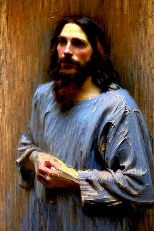 Image similar to impressionist brushstrokes!!!!!!!!! solomon joseph solomon and richard schmid and jeremy lipking victorian loose genre loose painting full length portrait painting of jesus with a slight smile happy inviting