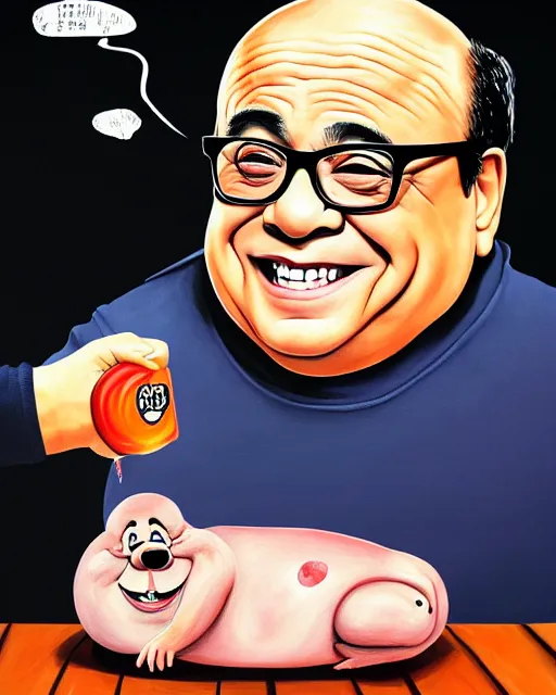 Image similar to painting portrait of danny devito as a ham, cartoon, warm lighting, danny devito has a ham body, danny devito's face on a ham. movie poster, illustration by bartek fedyczak, erak note, tooth wu, neil richards, kan liu, siwoo kim, jisu choe, trending on art station