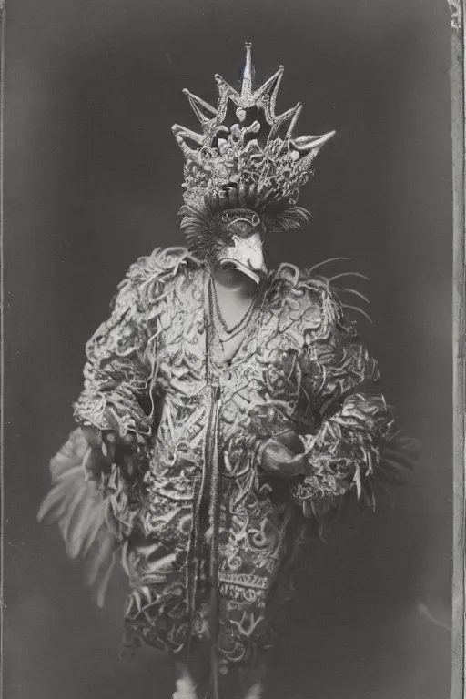 Prompt: a wet plate photo of an anthropomorphic rooster king, wearing a crown, wearing a robe