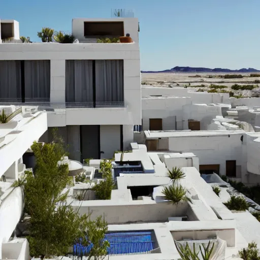 Image similar to habitat 6 7, white lego terraced architecture hotel in the dessert, many plants and infinite pool