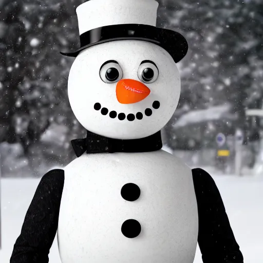 Image similar to a highly detailed humanoid snowman in business suit with black eyes and mouth, no nose, hyperrealism, professional, octane render, full length, digital art