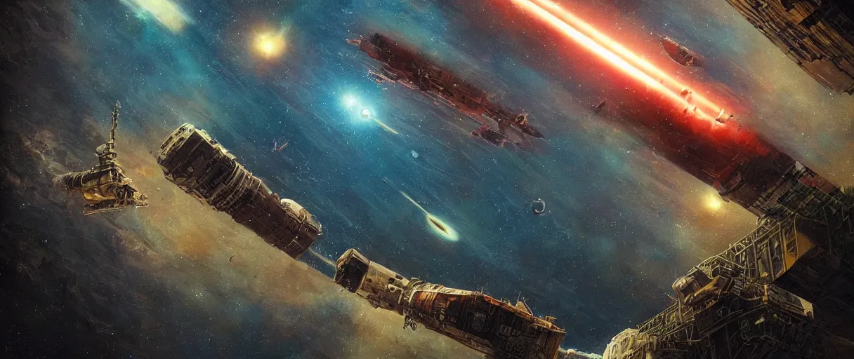 Image similar to lone industrial!!! spaceship!!, deep space exploration!!!, flying, ridley scott universe, the final frontier, illustrative!!, punk, painterly, hyperdetailed, hyperrealistic, utilitarian cargo ship, cinematic lighting, 4k, wide angle, beksinski, (neon colors)