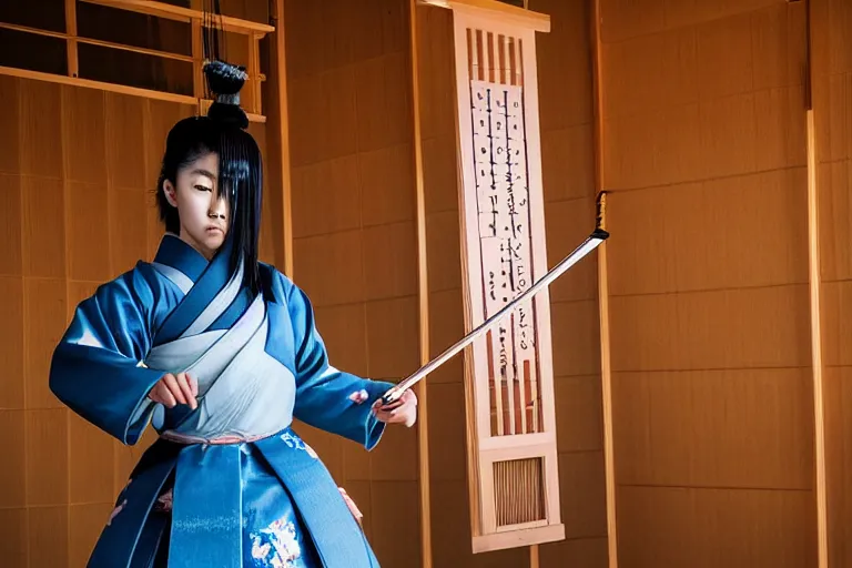 Prompt: beautiful photo of a young modern geisha samurai practising the sword in a traditional japanese temple, mid action swing, symmetrical face, beautiful eyes, huge oversized sword, award winning photo, muted pastels, action photography, 1 / 1 2 5 shutter speed, dramatic lighting, anime set style