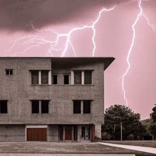 Image similar to a centered magnificent building of le Corbusier standing in the middle of manathan, apocalypse lightning, high quality, 4k