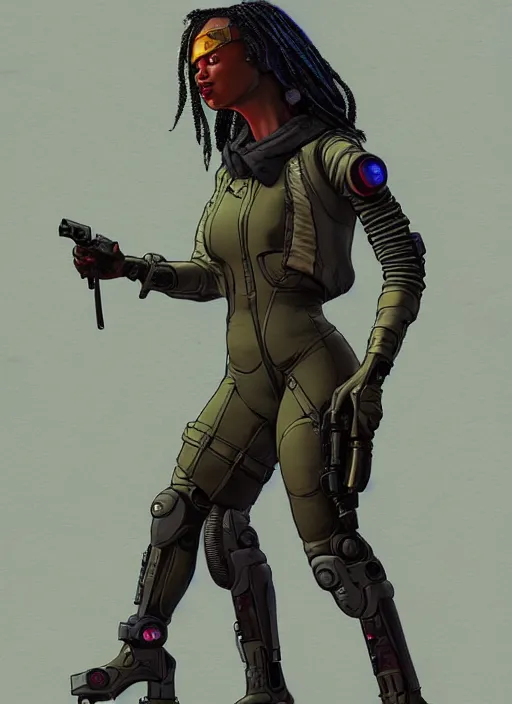 Prompt: sonya igwe. cyberpunk mercenary in tactical harness and jumpsuit. dystopian. portrait by stonehouse and mœbius and will eisner and gil elvgren and pixar. realistic proportions. cyberpunk 2 0 7 7, apex, blade runner 2 0 4 9 concept art. cel shading. attractive face. thick lines. moody industrial landscape.