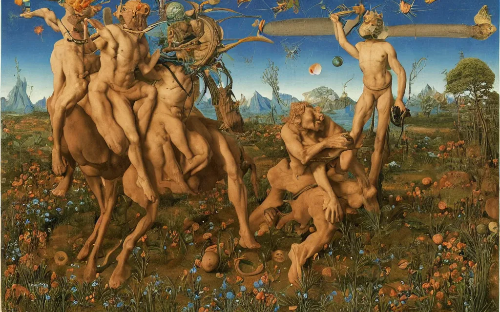 Image similar to a portrait photograph of a meditating satyr and a centaur monk riding a rocket machine and hunting at a river delta. surrounded by bulbous flowers and trees. mountain range under a blue sky of fiery stars. by jan van eyck, max ernst, ernst haeckel, ernst fuchs and artgerm, cgsociety, fashion editorial, 8 k