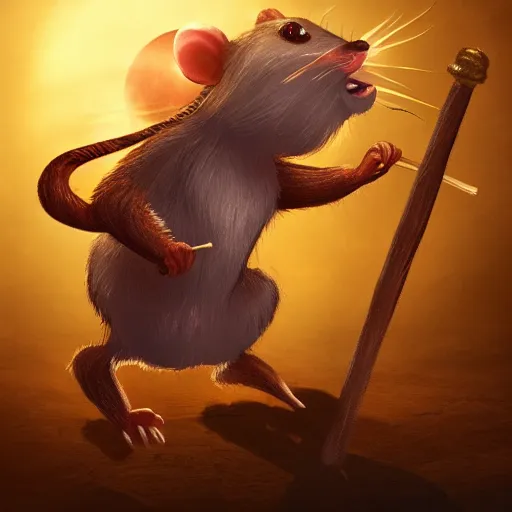 Image similar to anthropomorphic Rat with a filigran golden diadem that has a golden feather sticking out from it, in an action pose, with epee in hand, sunset lighting, trending on Artstation