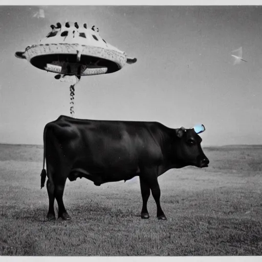 Image similar to vintage photo of a cow being abducted by aliens