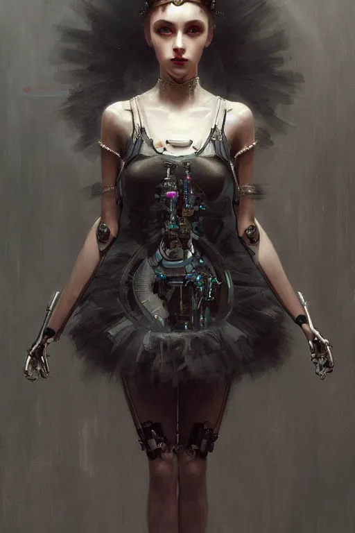 Image similar to sitting beautiful painting of a crowned robotic cyberpunk ballerina in a gothic dark flowing tutu intricate, elegant, highly detailed, digital painting, artstation, concept art, by krenz cushart and artem demura and william adolph bouguereau
