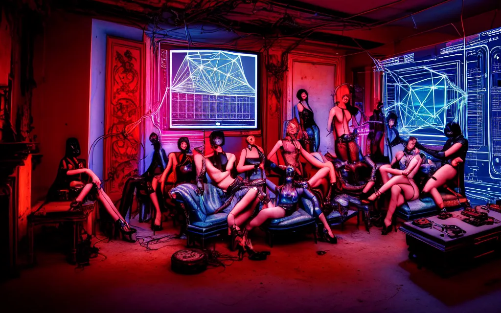 Image similar to A group of people, each person is wearing a leeloo by jean paul gaultier , sitting on an old antique couch in an old room with electronics, like a cyberpunk workshop, all around, very detailed, cyberpunk wires and oled monitors, displaying stock charts, on the walls, digital displays and holographic projections, projections of , ultrarealistic, dramatic lighting, electrical details, high details, 4k, 8k, best, accurate, trending on artstation, artstation, photorealism, ultrarealistic, digital painting, style of Caravaggio, Boris Vallejo