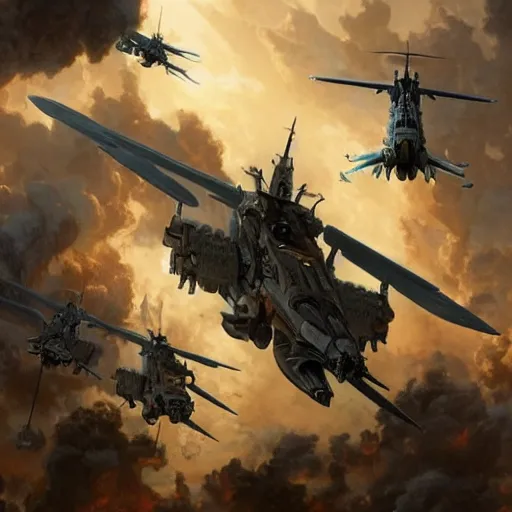 Image similar to an extremely detailed matte painting of deathwing destroying a squad of apache helicopters, very detailed, beautiful, intricate, cinematic, artstation, william bouguereau, alphonse mucha, greg rutkowski, rossdraws