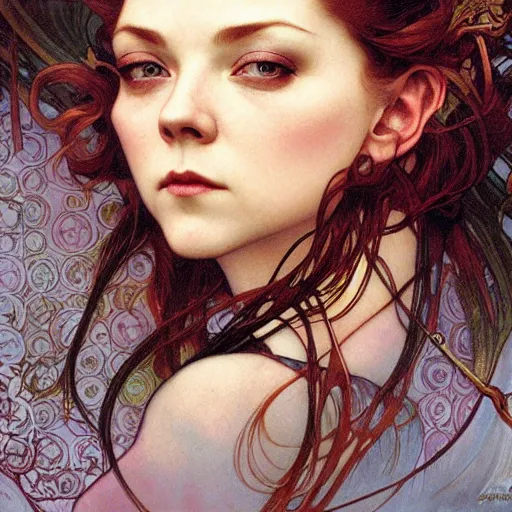 Prompt: realistic detailed face portrait of young Natalie Dormer by Alphonse Mucha, Ayami Kojima, Amano, Charlie Bowater, Karol Bak, Greg Hildebrandt, Jean Delville, and Mark Brooks, Art Nouveau, Neo-Gothic, gothic, rich deep moody colors