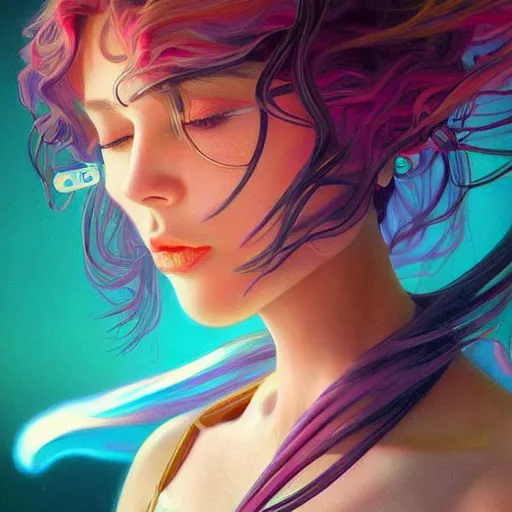 Image similar to young woman, gorgeous face, vaporwave aesthetic, synthwave, colorful, psychedelic, broken, shattered, beaten, sadness, crying, tears, artstation, concept art, smooth, extremely sharp detail, finely tuned detail, 8 k, ultra sharp focus, illustration, art by artgerm and greg rutkowski and alphonse mucha