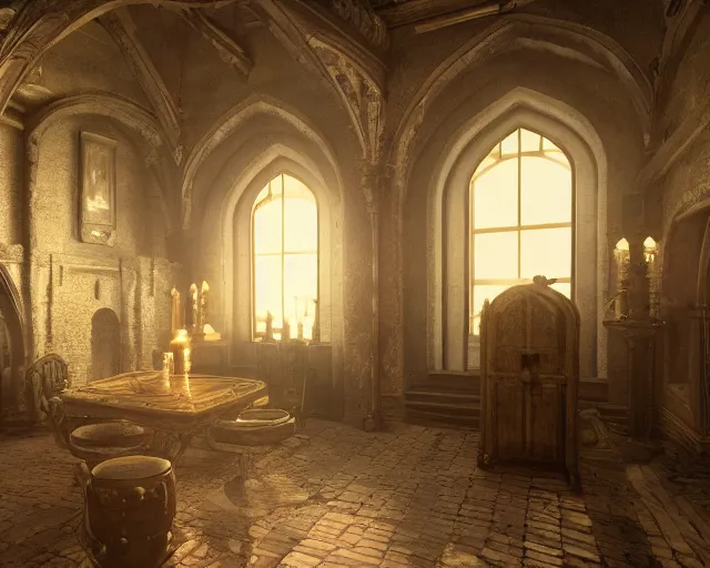 Prompt: the interior of a castle, rendered with ray tracing, volumetric lighting, smooth lighting, high detail shadows, moody lighting, candle lighting, high definition, large resolution