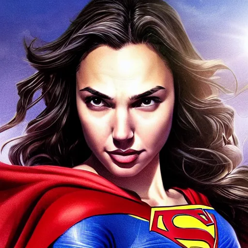 Image similar to a potrait of face of gal gadot as Supergirl from Kryptonian by Stanley Artgerm Lau, WLOP, Rossdraws, James Jean, Andrei Riabovitchev, Marc Simonetti, Yoshitaka Amano, ArtStation, CGSociety, Full body shot