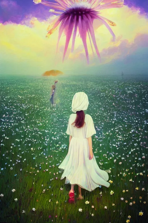 Image similar to giant white daisy flower head, girl with veil walking in a flower field, surreal photography, sunrise, dramatic light, impressionist painting, colorful clouds, digital painting, artstation, simon stalenhag