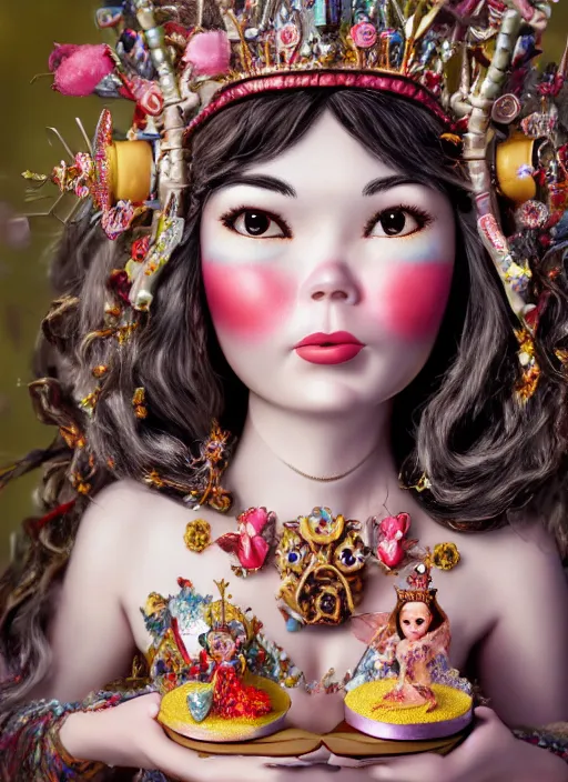 Image similar to closeup face profile portrait of tin toy bjork as a fairytale princess wearing a crown eating cakes, bikini, depth of field, zeiss lens, detailed, symmetrical, centered, fashion photoshoot, by nicoletta ceccoli, mark ryden, lostfish, breathtaking, 8 k resolution, extremely detailed, beautiful, establishing shot, artistic, hyperrealistic, octane render