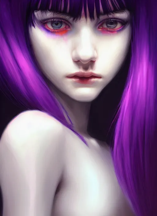 Image similar to hair whitebangs hair, black hair, whitebangs, portrait of teenage girl with white bangs, red irises, purple clothes, white bangs, bangs are different color from hair, intricate, elegant, glowing lights, highly detailed, digital painting, artstation, concept art, smooth, sharp focus, illustration, art by wlop, mars ravelo and greg rutkowski