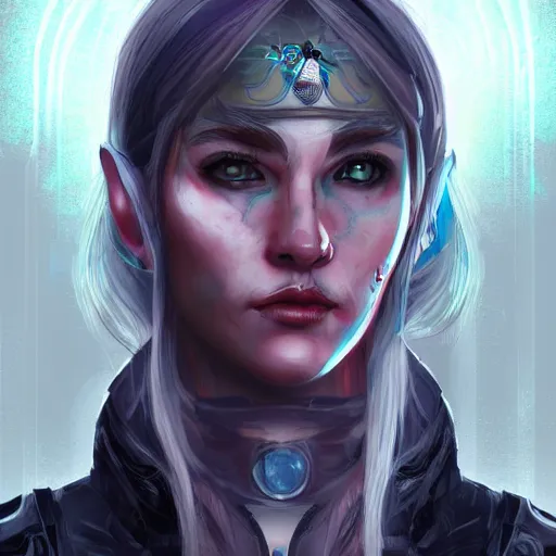 Prompt: portrait of an elf in a cyberpunk style, digital art, artstation cgsociety masterpiece