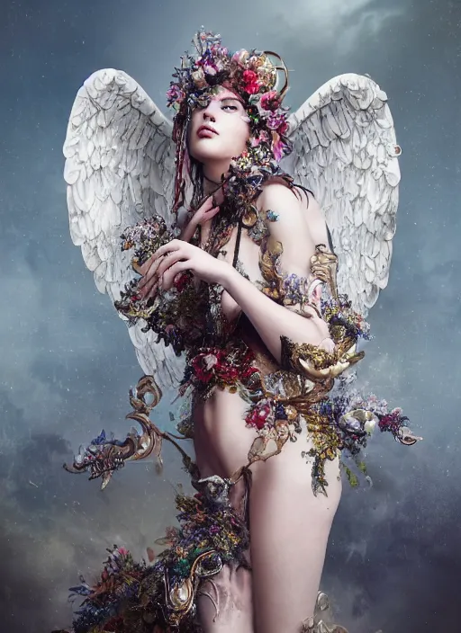 Prompt: expressive full body photo of a female model as beautiful angel, ornate headpiece made from flowers, ornaments, glamour shot, by karol bak, by stefan gesell, octane render, unreal engine, photorealistic, canon r 3, fashion photography, studio shot, environmental portrait, dark fantasy, dark beauty, magazine