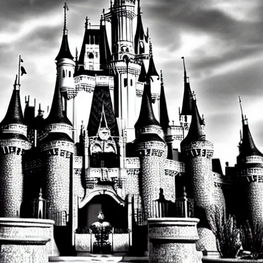 Prompt: the Disney castle in a nightmare, black and white