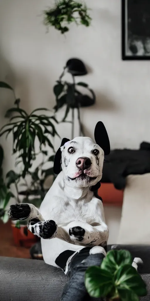 Prompt: a dog that looks like mickey mouse, white face, black body, black nose, black ears, sitting down on a sofa, house plants in the background, indoors, dim light, photograph, 4 k, shot on iphone