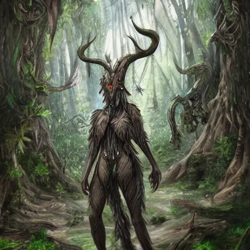 Prompt: a highly detailed portrait of a humanoid creature standing in a fantasy forest concept art