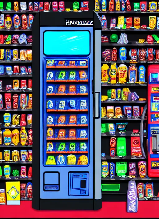 Prompt: hyper detailed digital painting of a cyberpunk vending machine, danguiz