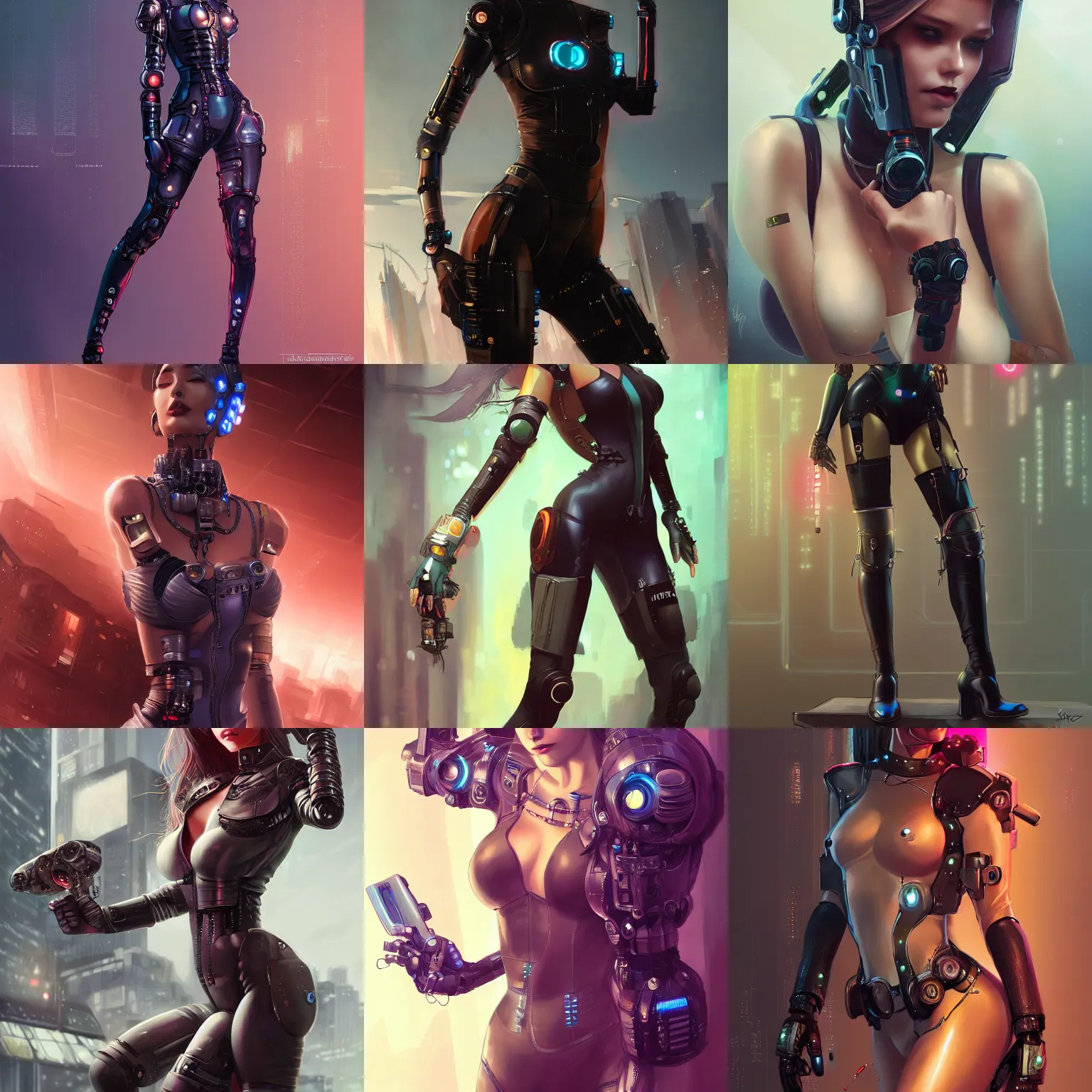 Prompt: A portrait of beautiful female cyberpunk with robotic arms in a bodysuit and knee high boots by, Stanley Artgerm Lau, WLOP, Rossdraws, James Jean, Andrei Riabovitchev, Marc Simonetti, and Sakimichan, tranding on artstation