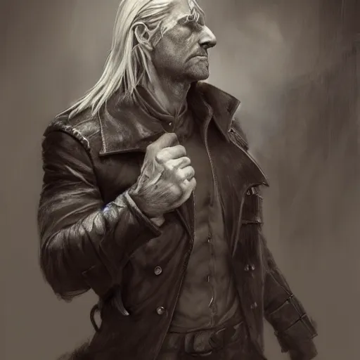 Image similar to portrait of a muscular, grim, ponytail haired blonde man in his late 30's, wearing a thick brown leather coat, looking to his side, scarred face, hunter, DnD character, fantasy character, dramatic lighting, high detail, graphite black and white by Ruan Jia, Krenz Cushart, Rossdraws and Boris Vallejo