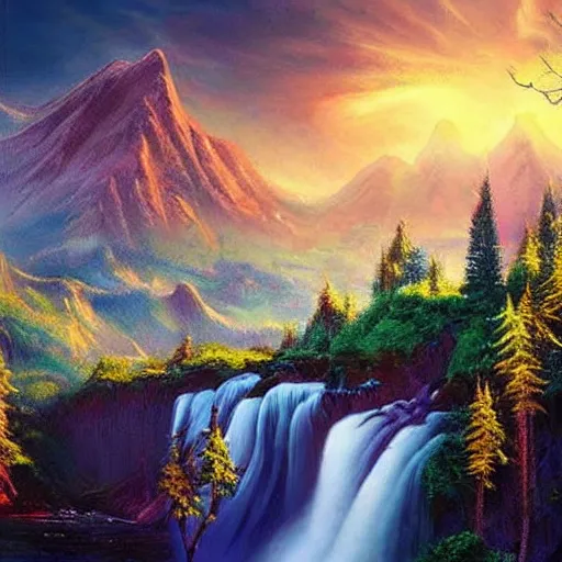 Prompt: fantasy art, abstract, beautiful mountains at the golden hour with waterfalls, concept art, colourful, relaxing.