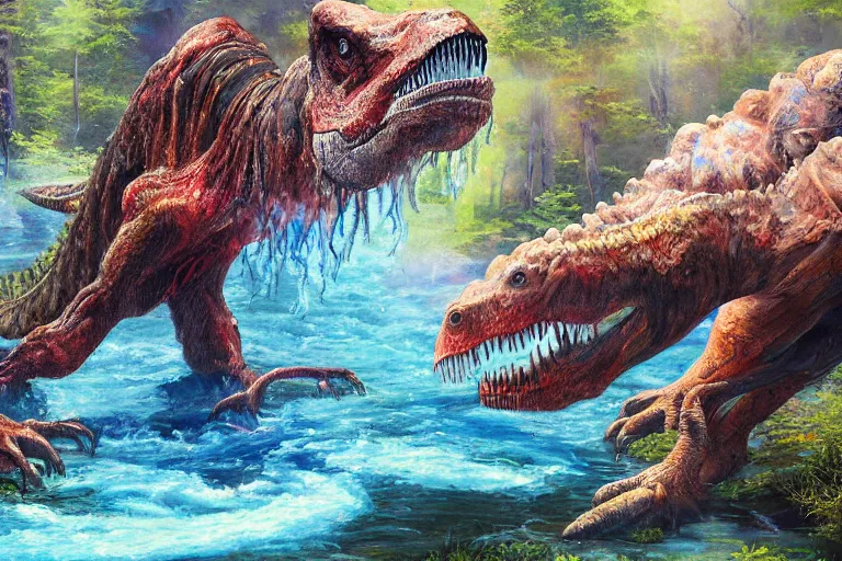 Image similar to highly detailed oil painting of a tyrannosaurus sitting in a steaming colorful hotspring stream, featured on artstation