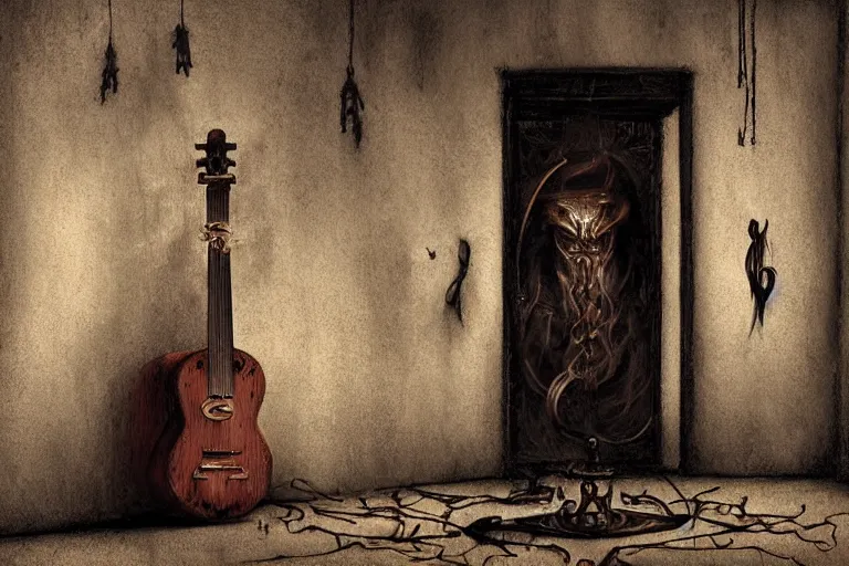 Prompt: still life of a cursed carved wooden baroque demonic oud with ebony inlay and strings of pain, designed by brian froud and hr giger leans against the wall alone, abandoned. an empty brutalist chamber, lonely, somber, a thin wisp of smoke rises from the lute. late afternoon lighting cinematic fantasy painting by jessica rossier